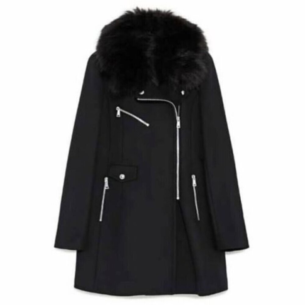 Zara Wool Blend Moto Double Zip Coat Jacket Black Size XS